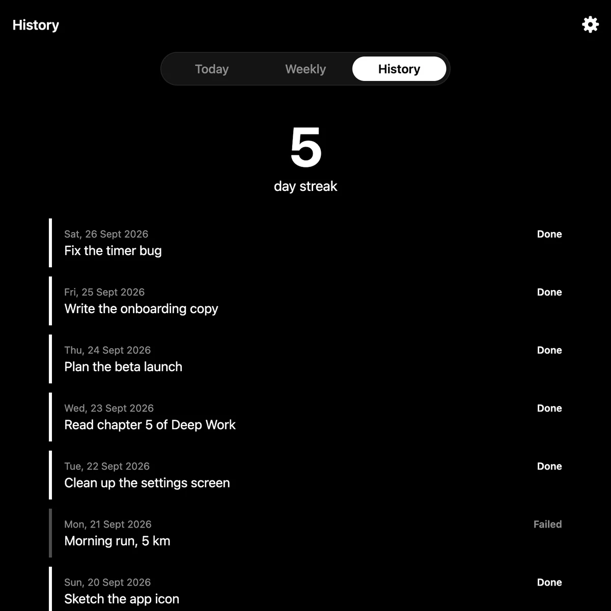 One Thing's History tab: a 5 day streak and a list of past days marked Done or Failed